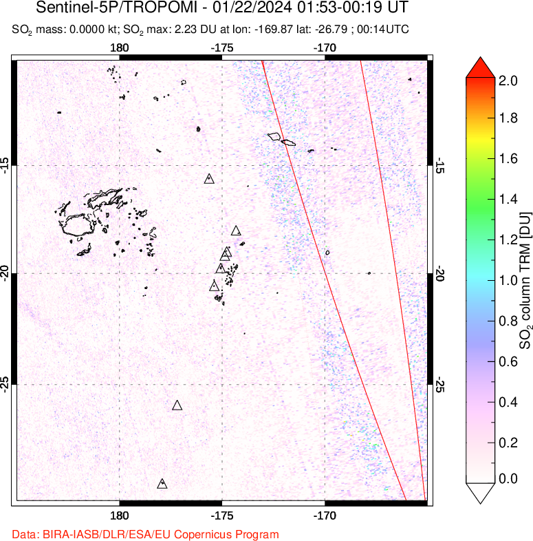 A sulfur dioxide image over Tonga, South Pacific on Jan 22, 2024.