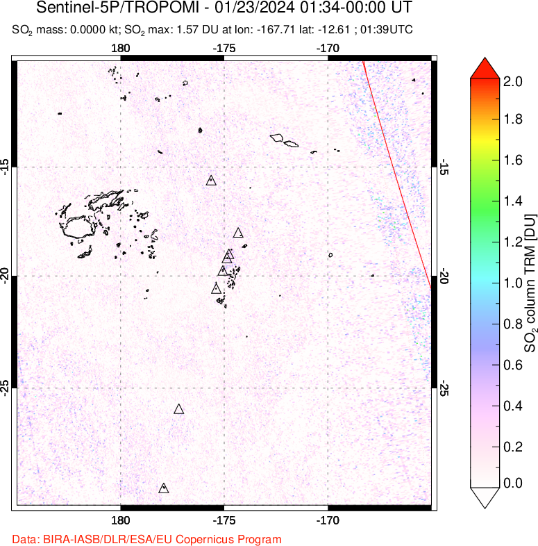 A sulfur dioxide image over Tonga, South Pacific on Jan 23, 2024.