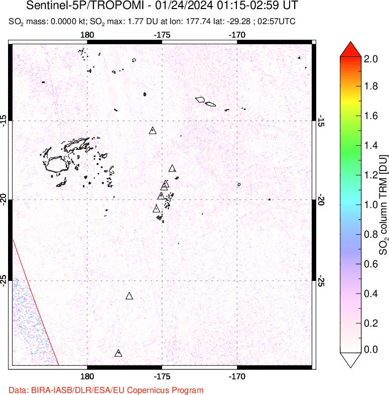 A sulfur dioxide image over Tonga, South Pacific on Jan 24, 2024.