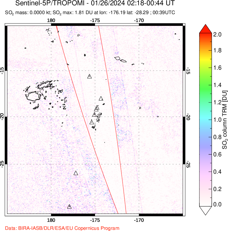 A sulfur dioxide image over Tonga, South Pacific on Jan 26, 2024.