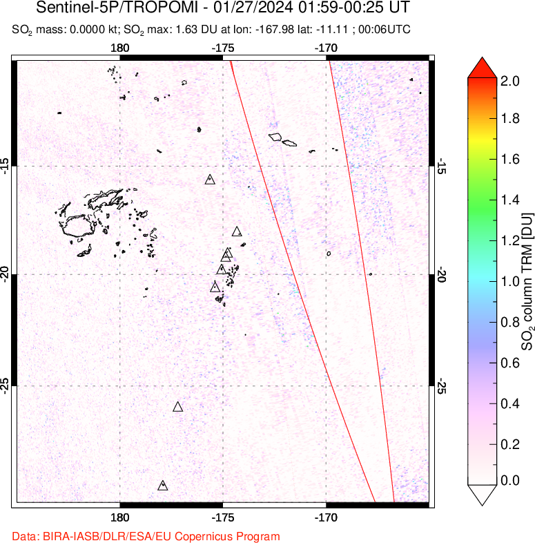 A sulfur dioxide image over Tonga, South Pacific on Jan 27, 2024.