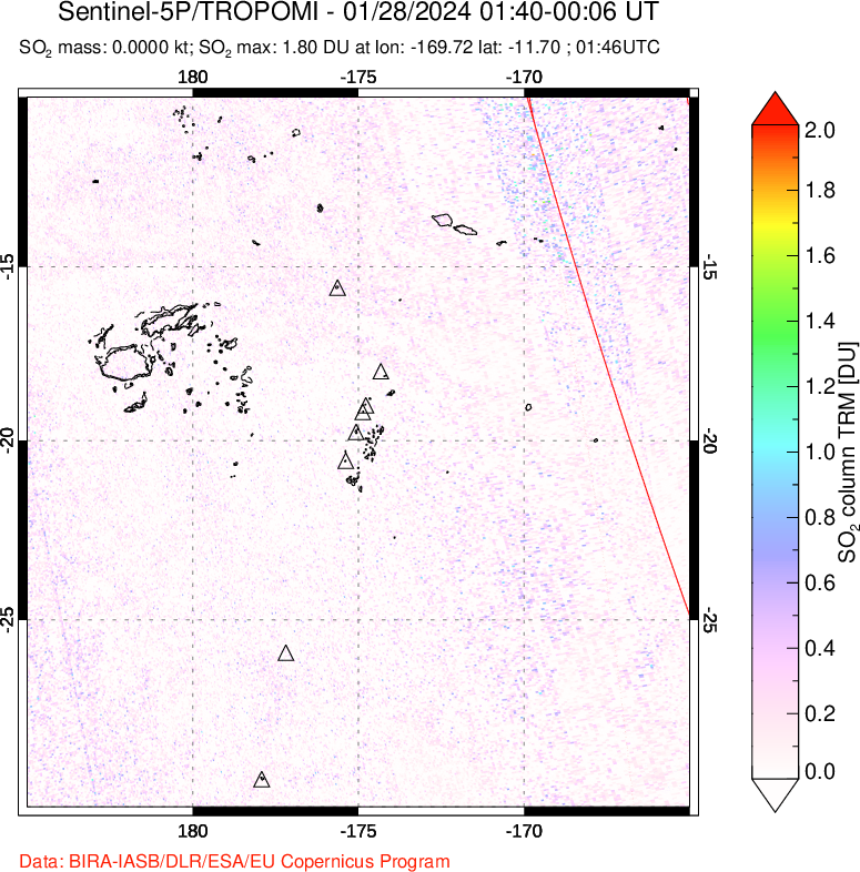 A sulfur dioxide image over Tonga, South Pacific on Jan 28, 2024.