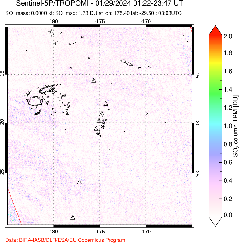 A sulfur dioxide image over Tonga, South Pacific on Jan 29, 2024.