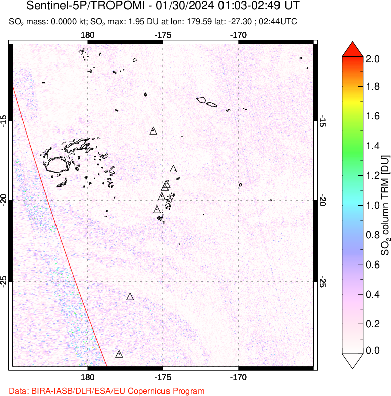 A sulfur dioxide image over Tonga, South Pacific on Jan 30, 2024.