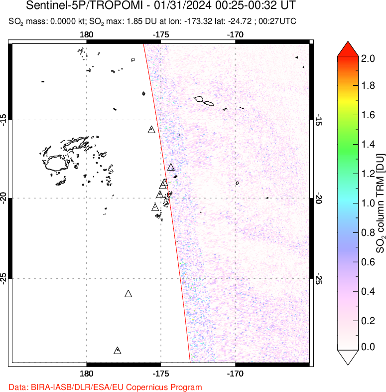 A sulfur dioxide image over Tonga, South Pacific on Jan 31, 2024.