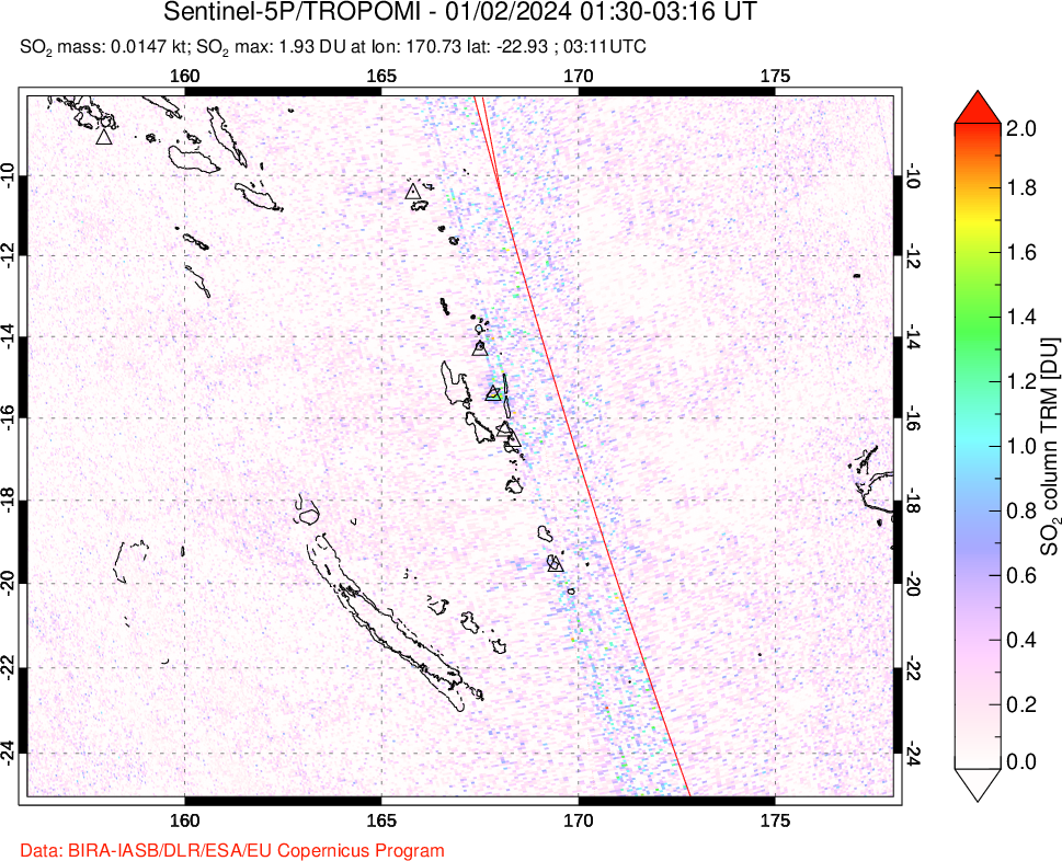 A sulfur dioxide image over Vanuatu, South Pacific on Jan 02, 2024.