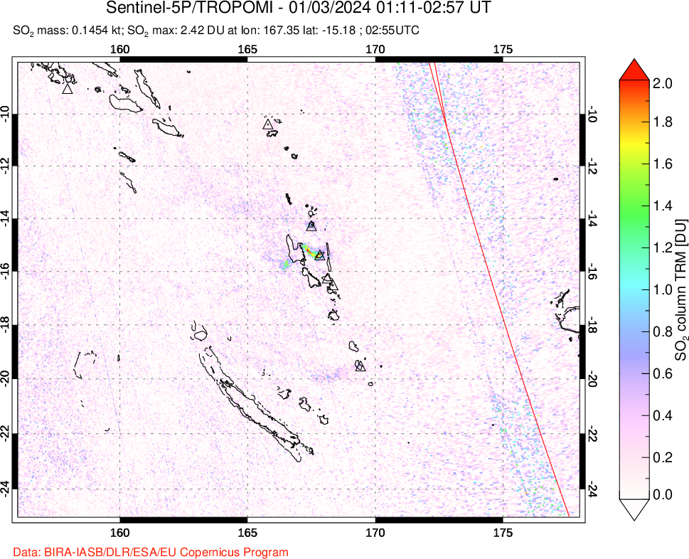 A sulfur dioxide image over Vanuatu, South Pacific on Jan 03, 2024.