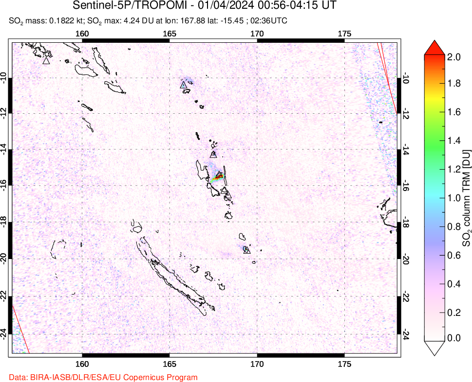 A sulfur dioxide image over Vanuatu, South Pacific on Jan 04, 2024.