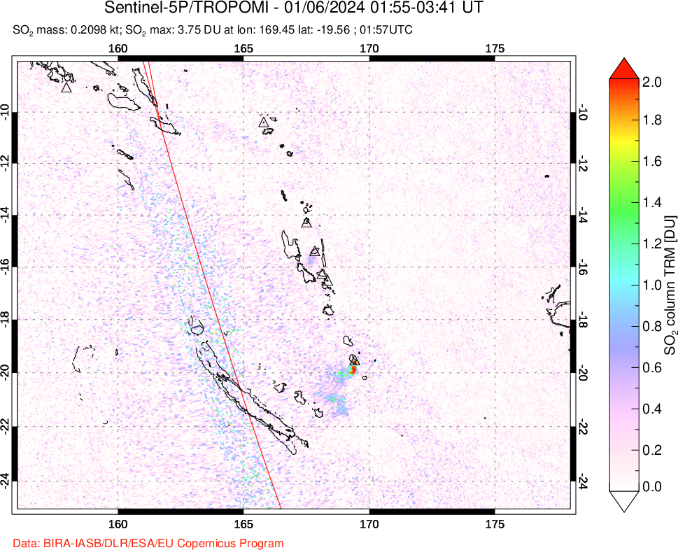 A sulfur dioxide image over Vanuatu, South Pacific on Jan 06, 2024.