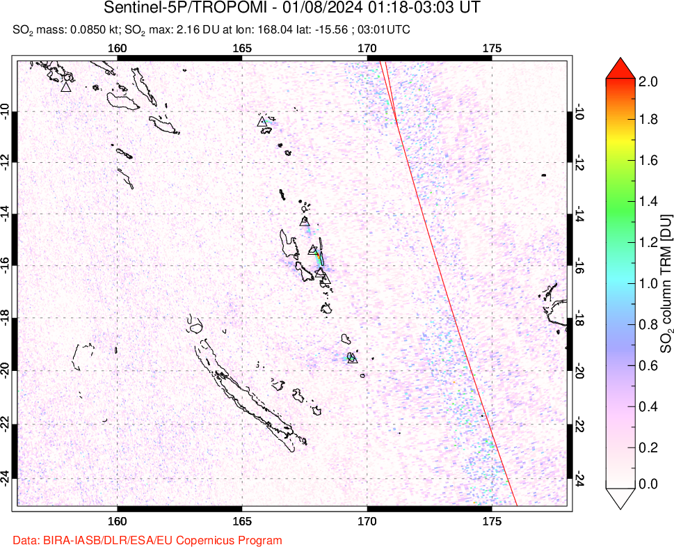 A sulfur dioxide image over Vanuatu, South Pacific on Jan 08, 2024.