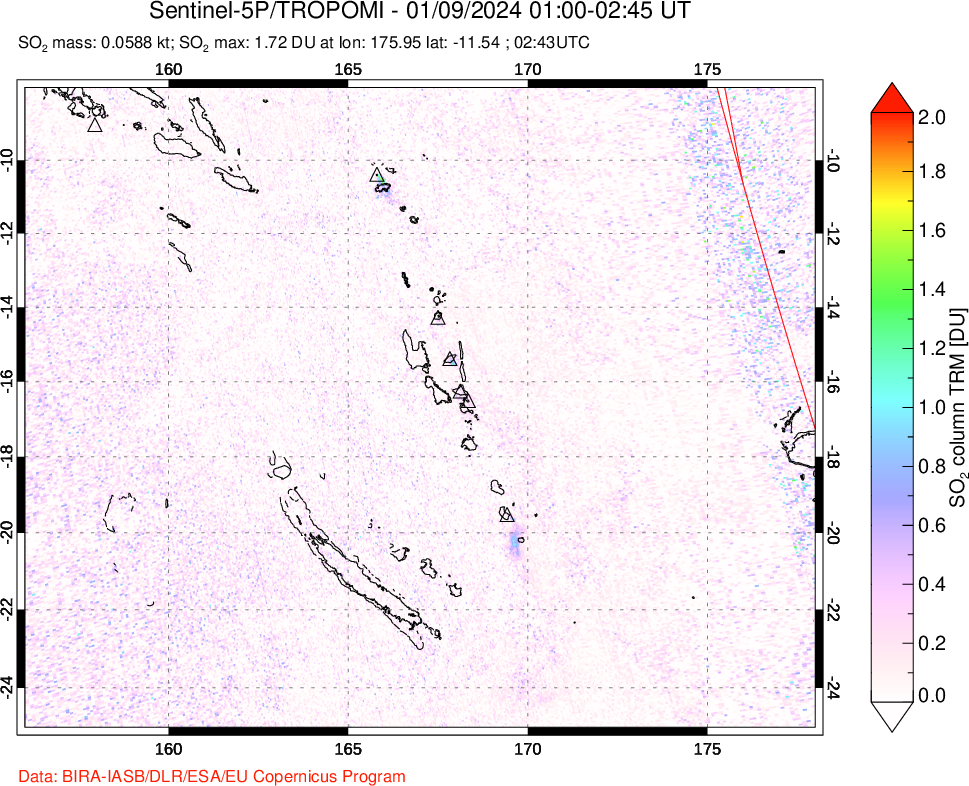 A sulfur dioxide image over Vanuatu, South Pacific on Jan 09, 2024.