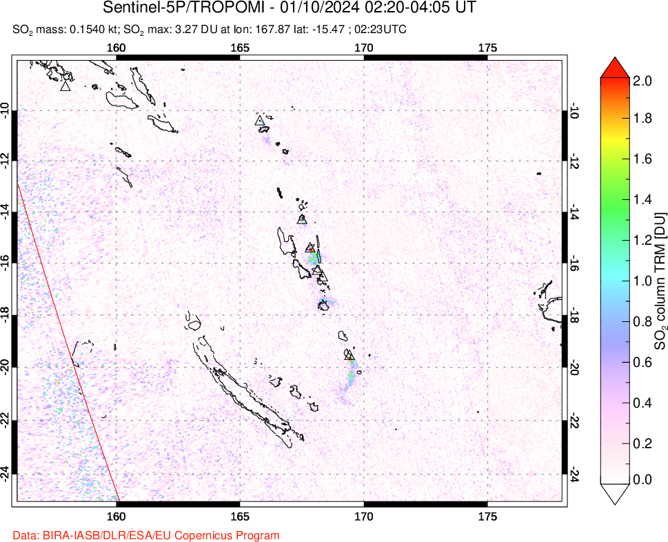 A sulfur dioxide image over Vanuatu, South Pacific on Jan 10, 2024.