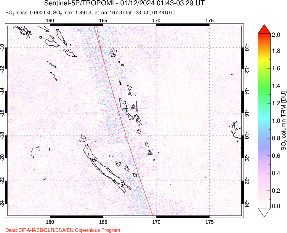 A sulfur dioxide image over Vanuatu, South Pacific on Jan 12, 2024.