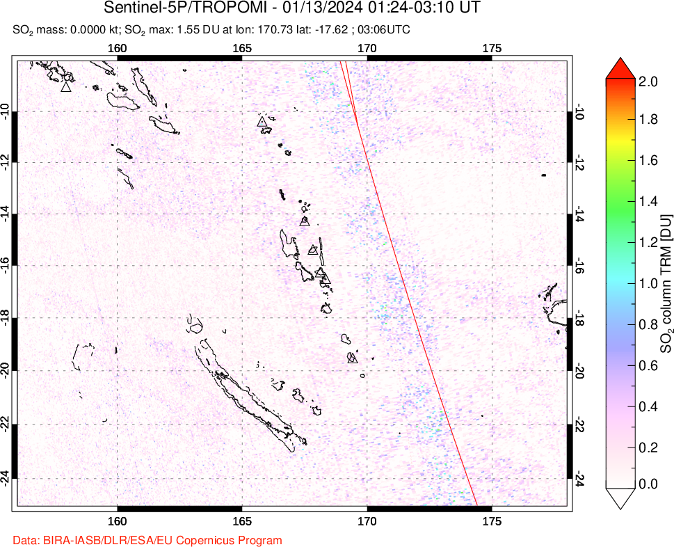 A sulfur dioxide image over Vanuatu, South Pacific on Jan 13, 2024.