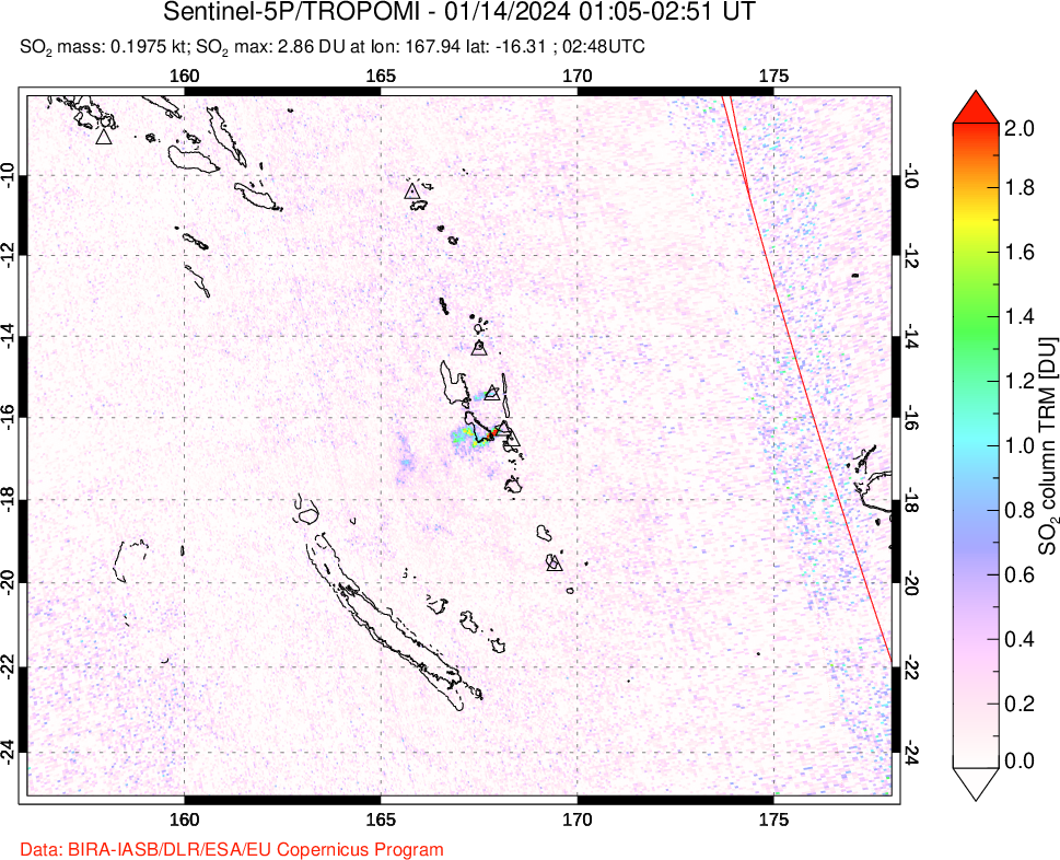 A sulfur dioxide image over Vanuatu, South Pacific on Jan 14, 2024.