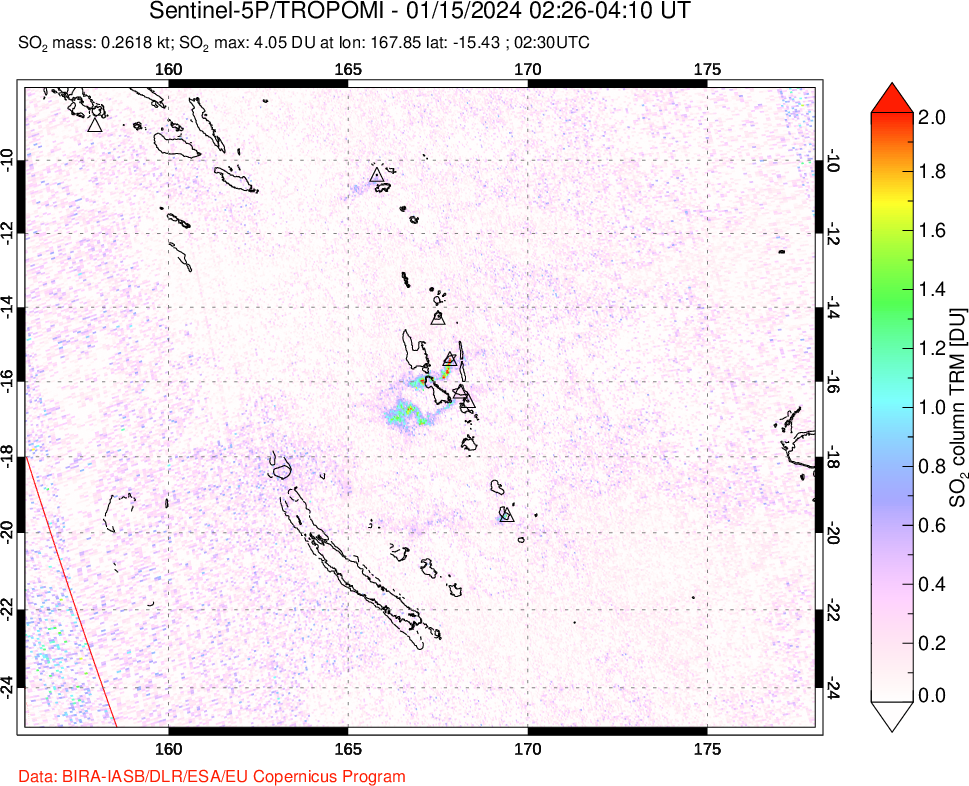 A sulfur dioxide image over Vanuatu, South Pacific on Jan 15, 2024.