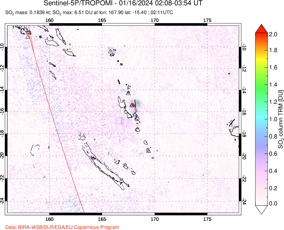 A sulfur dioxide image over Vanuatu, South Pacific on Jan 16, 2024.