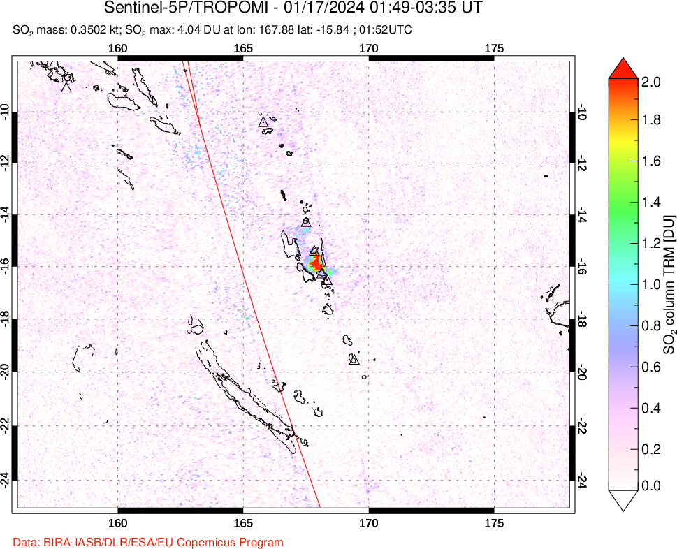 A sulfur dioxide image over Vanuatu, South Pacific on Jan 17, 2024.