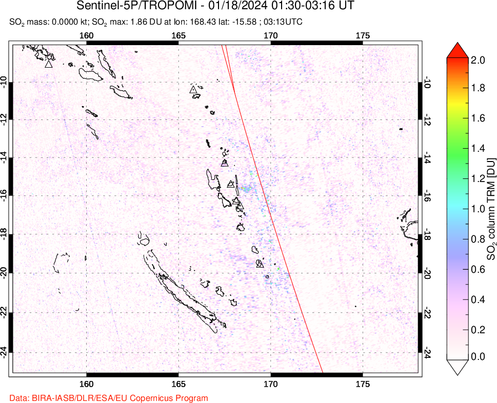 A sulfur dioxide image over Vanuatu, South Pacific on Jan 18, 2024.