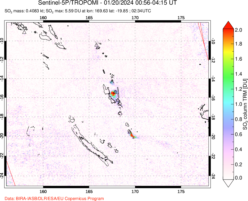 A sulfur dioxide image over Vanuatu, South Pacific on Jan 20, 2024.