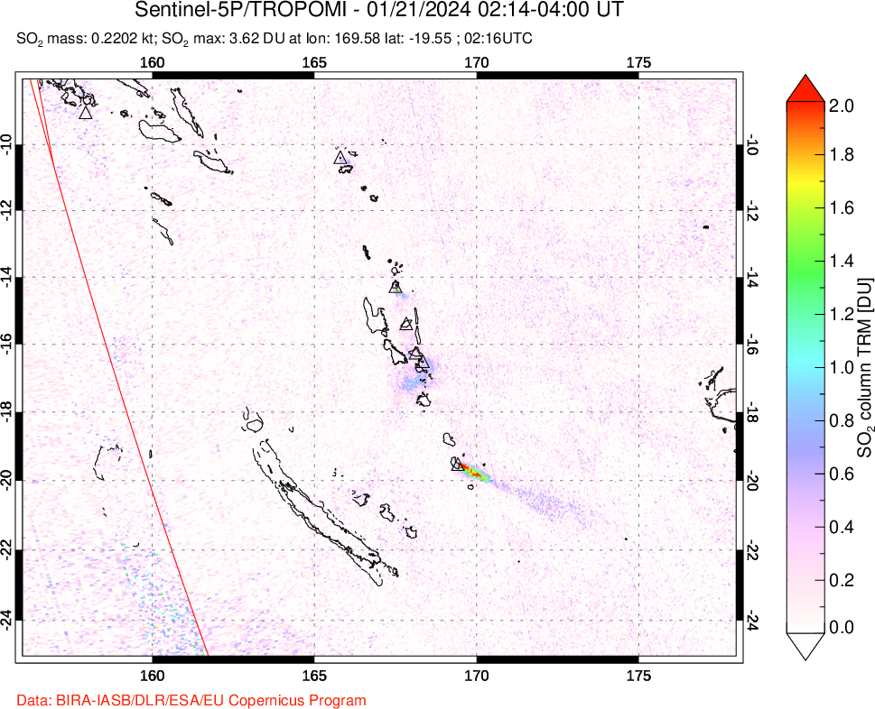 A sulfur dioxide image over Vanuatu, South Pacific on Jan 21, 2024.