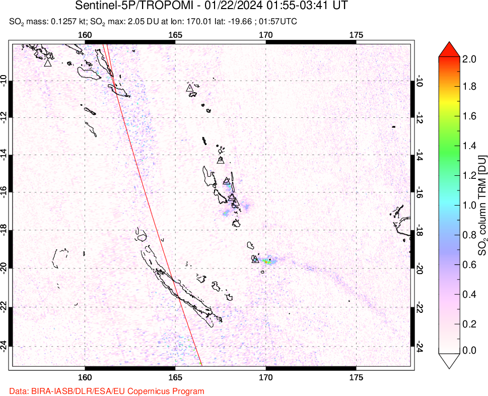 A sulfur dioxide image over Vanuatu, South Pacific on Jan 22, 2024.