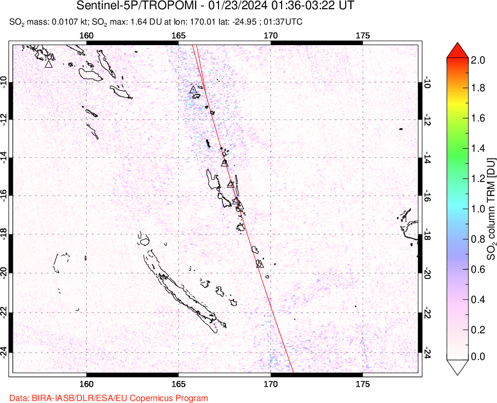 A sulfur dioxide image over Vanuatu, South Pacific on Jan 23, 2024.