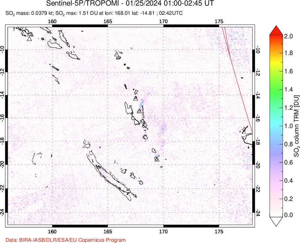 A sulfur dioxide image over Vanuatu, South Pacific on Jan 25, 2024.