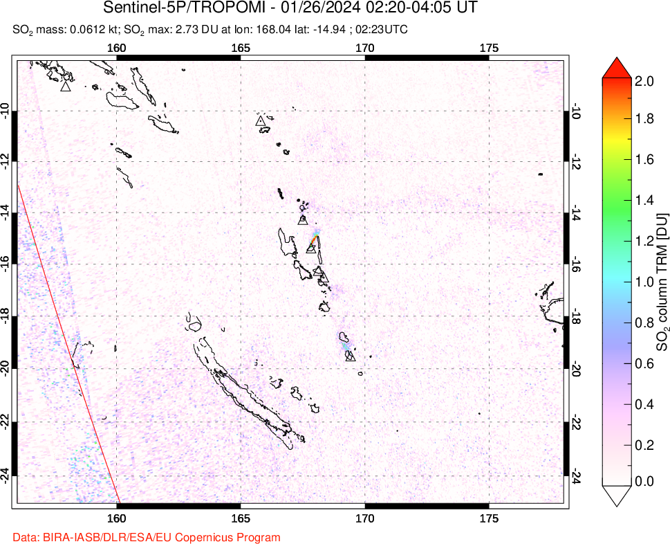 A sulfur dioxide image over Vanuatu, South Pacific on Jan 26, 2024.