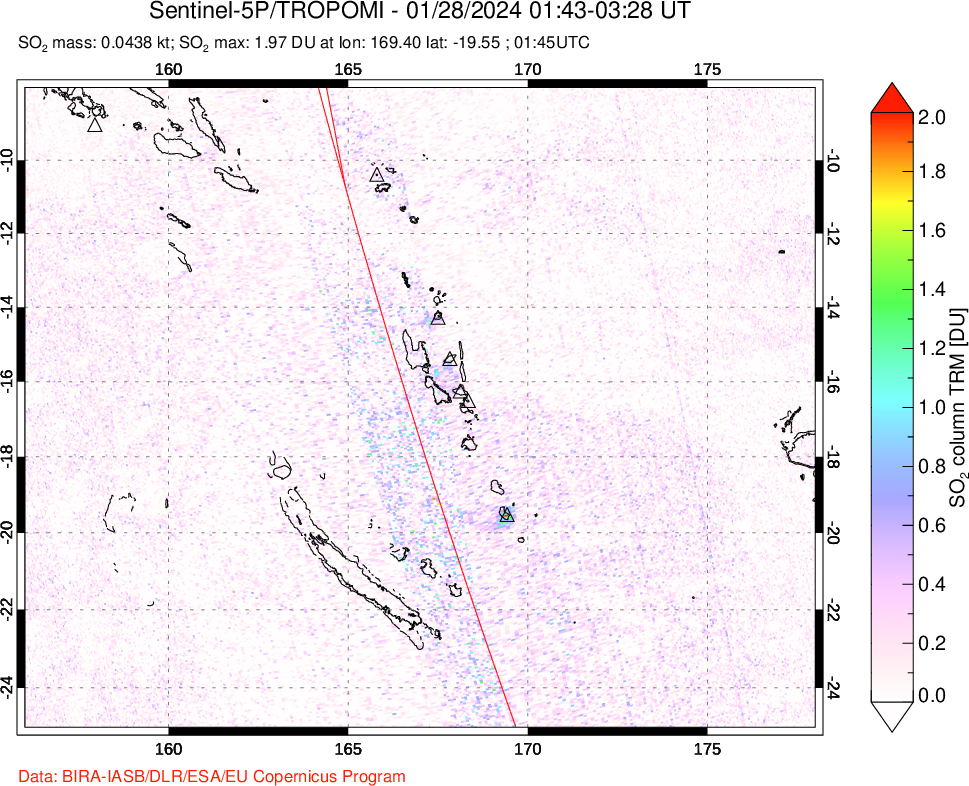 A sulfur dioxide image over Vanuatu, South Pacific on Jan 28, 2024.