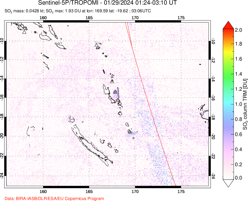 A sulfur dioxide image over Vanuatu, South Pacific on Jan 29, 2024.