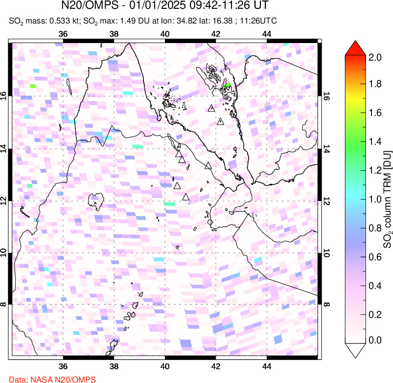 A sulfur dioxide image over Afar and southern Red Sea on Jan 01, 2025.