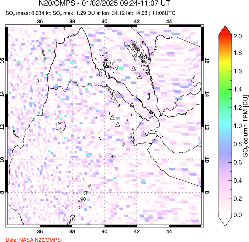 A sulfur dioxide image over Afar and southern Red Sea on Jan 02, 2025.