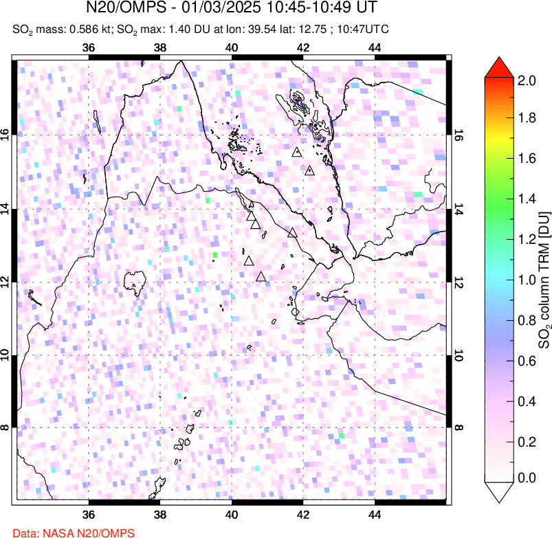 A sulfur dioxide image over Afar and southern Red Sea on Jan 03, 2025.