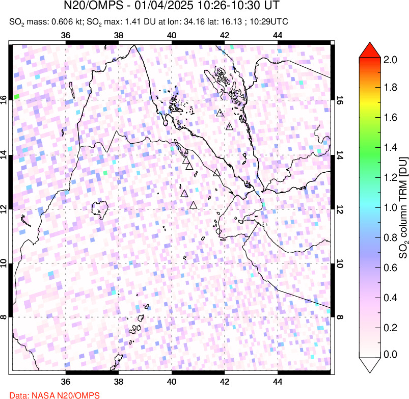 A sulfur dioxide image over Afar and southern Red Sea on Jan 04, 2025.