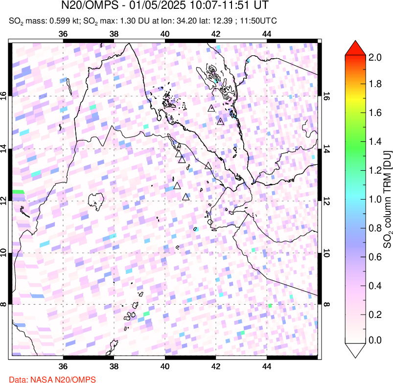 A sulfur dioxide image over Afar and southern Red Sea on Jan 05, 2025.