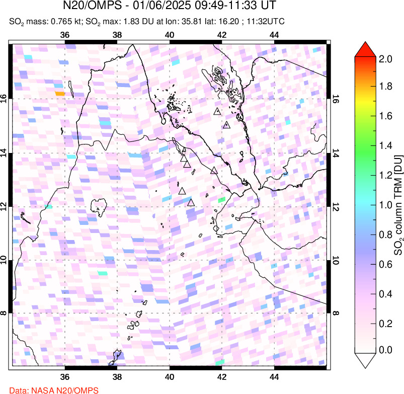 A sulfur dioxide image over Afar and southern Red Sea on Jan 06, 2025.