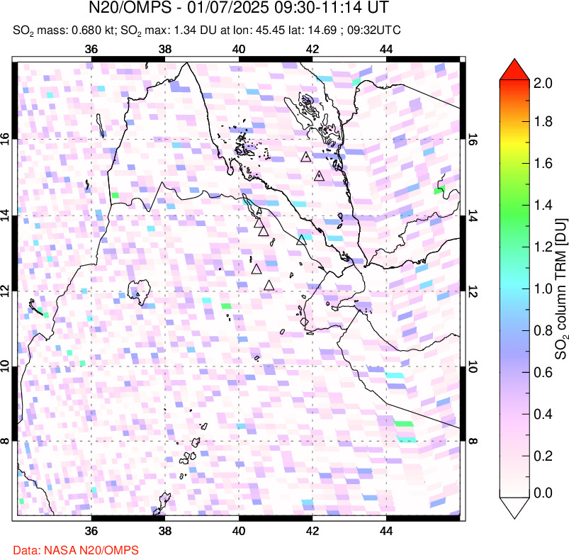 A sulfur dioxide image over Afar and southern Red Sea on Jan 07, 2025.