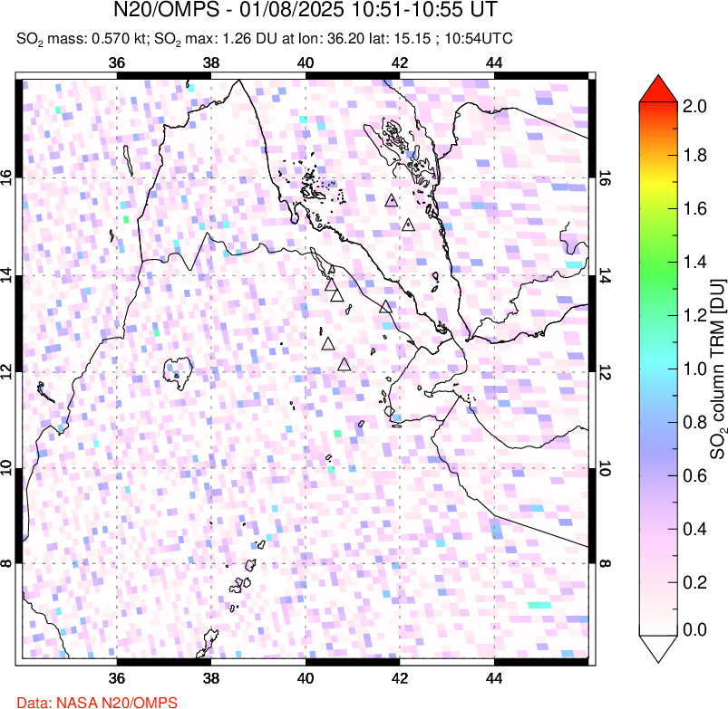 A sulfur dioxide image over Afar and southern Red Sea on Jan 08, 2025.