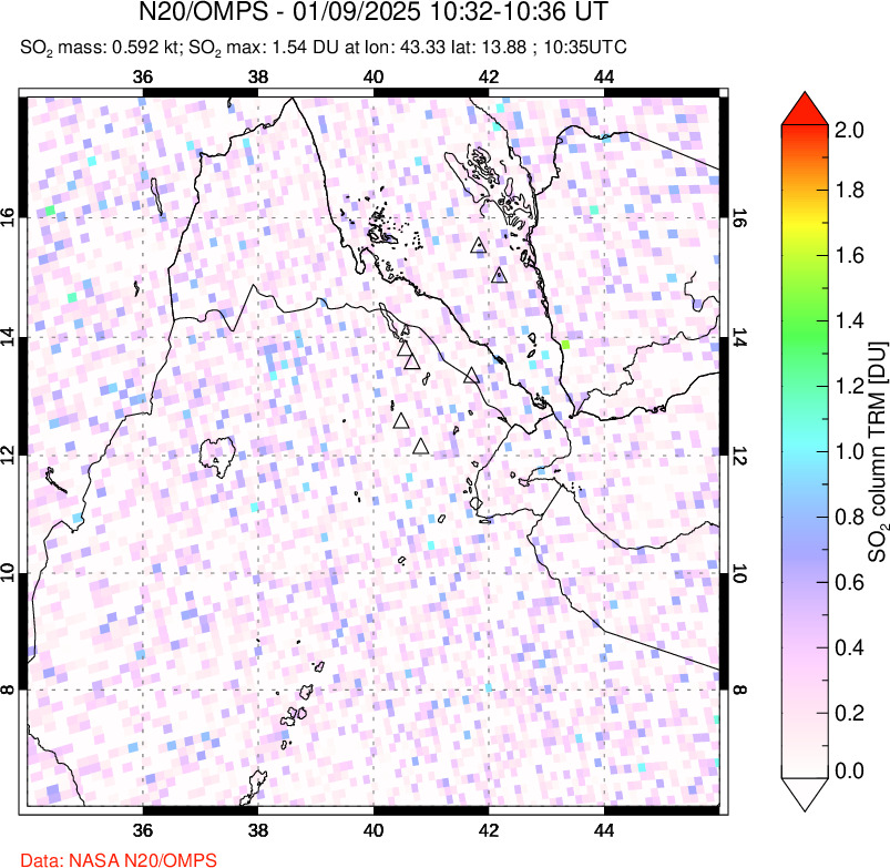 A sulfur dioxide image over Afar and southern Red Sea on Jan 09, 2025.