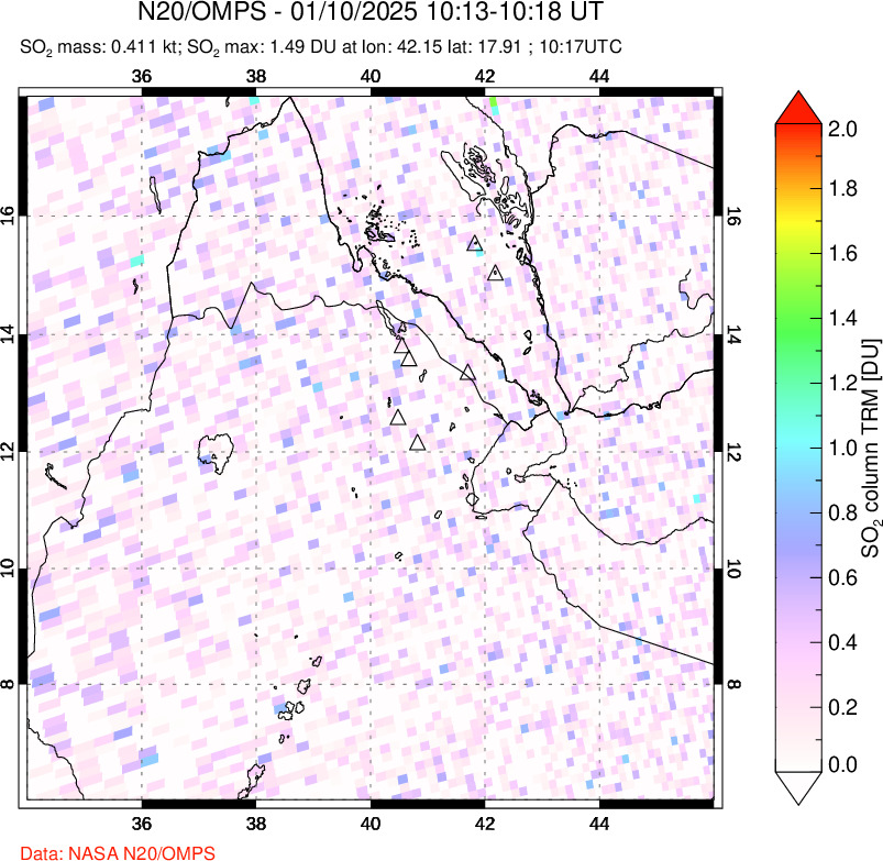 A sulfur dioxide image over Afar and southern Red Sea on Jan 10, 2025.