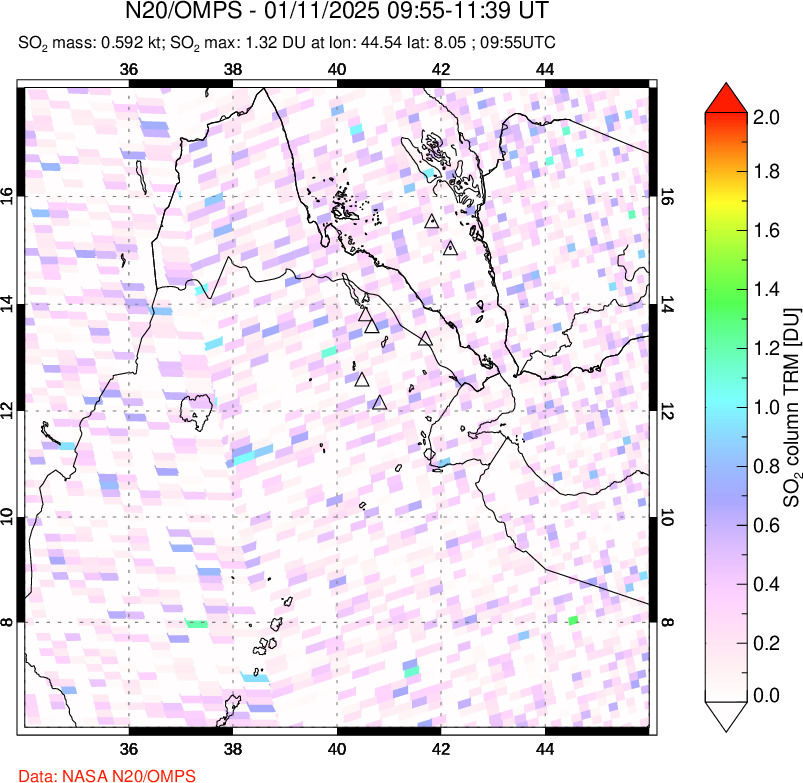 A sulfur dioxide image over Afar and southern Red Sea on Jan 11, 2025.