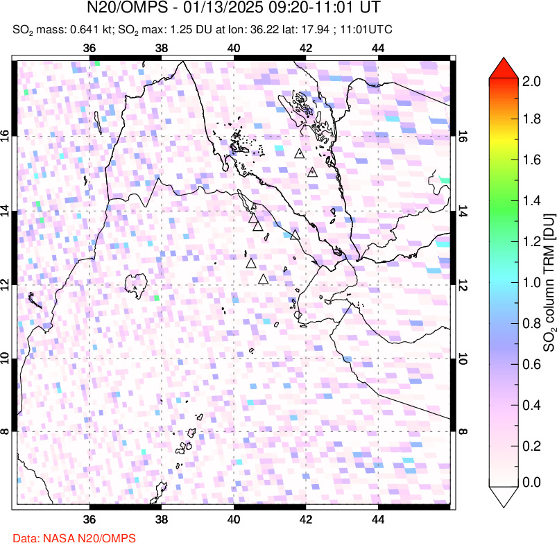 A sulfur dioxide image over Afar and southern Red Sea on Jan 13, 2025.