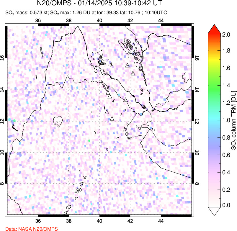 A sulfur dioxide image over Afar and southern Red Sea on Jan 14, 2025.