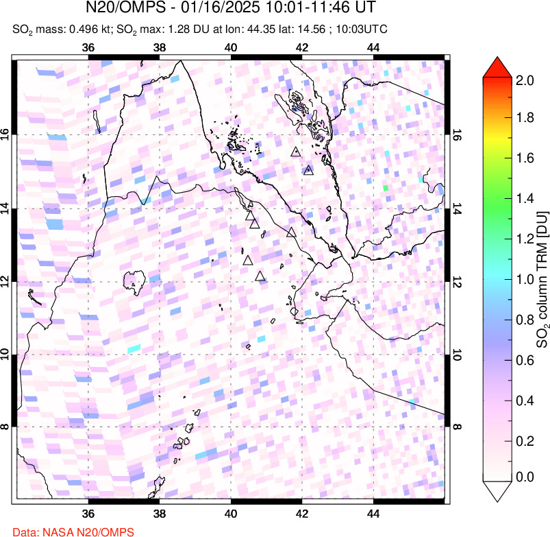 A sulfur dioxide image over Afar and southern Red Sea on Jan 16, 2025.