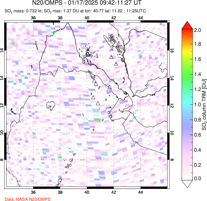 A sulfur dioxide image over Afar and southern Red Sea on Jan 17, 2025.