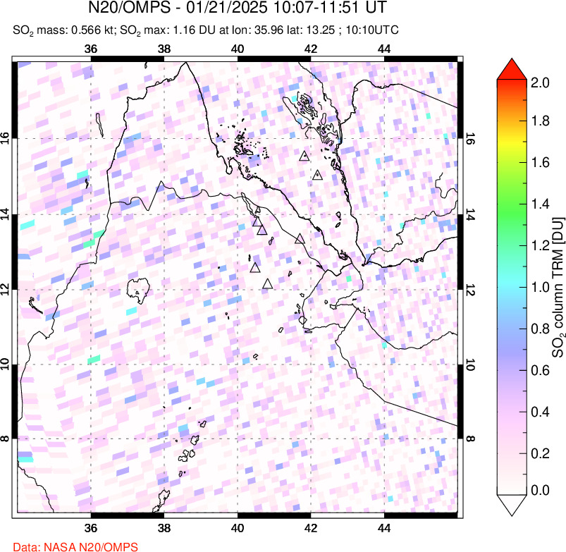 A sulfur dioxide image over Afar and southern Red Sea on Jan 21, 2025.