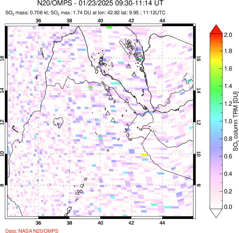 A sulfur dioxide image over Afar and southern Red Sea on Jan 23, 2025.