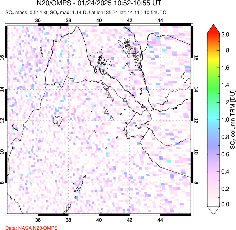 A sulfur dioxide image over Afar and southern Red Sea on Jan 24, 2025.