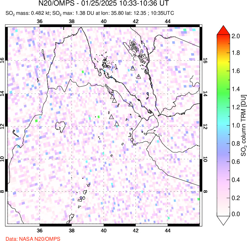 A sulfur dioxide image over Afar and southern Red Sea on Jan 25, 2025.